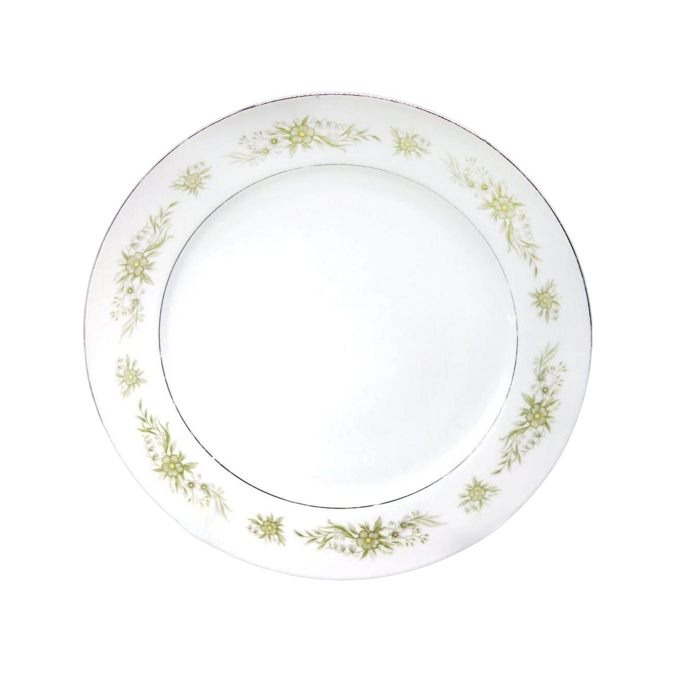 Vintage White Ceramic Dinner Plate with Pale Green Floral Border